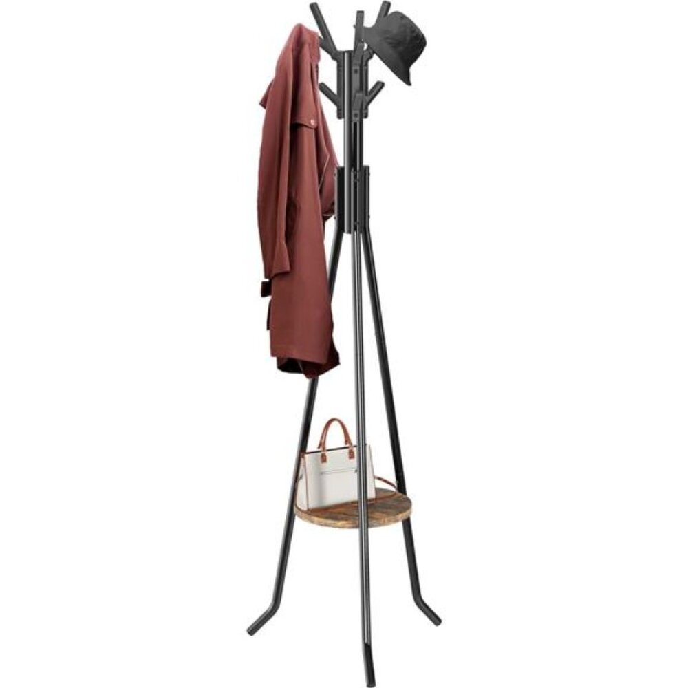 Freestanding Coat Rack with Shelf, 9 hooks, Black